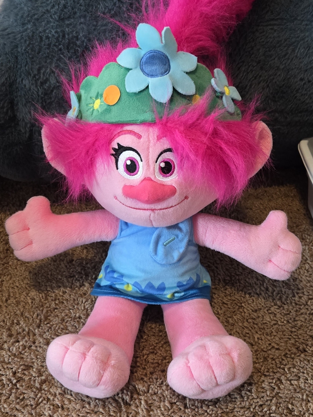 Trolls Poppy Plush Toy - Bright Pink with Blue Dress and Green Flower Headband-